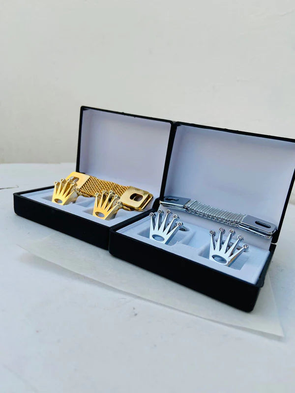 Rolex Cufflinks with Box and Chain Gold & SIlver Color